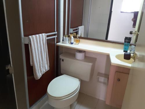 a bathroom with a toilet and a sink and a mirror at Apartment Riberas in Cali