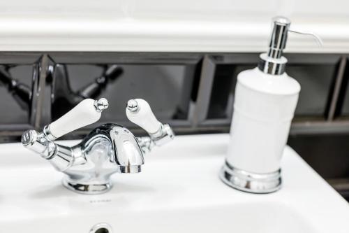 a bathroom sink with a toothbrush and a bottle of soap at Chateau Nightingales in Hostouň