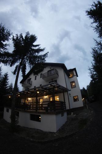 a large white house with a palm tree in front of it at Casa Laur cu plajă privată in Colibiţa
