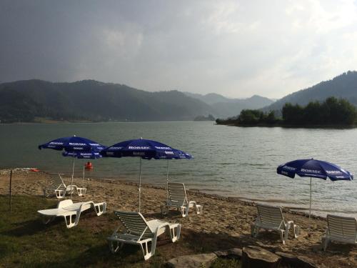 a group of chairs and umbrellas on a beach at Casa Laur cu plajă privată in Colibiţa