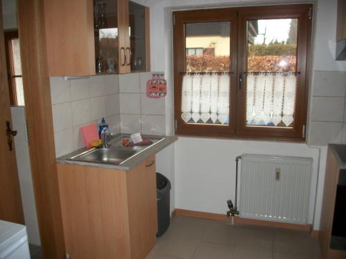 una pequeña cocina con fregadero y ventana en Haus Alpenrose, en Schwangau