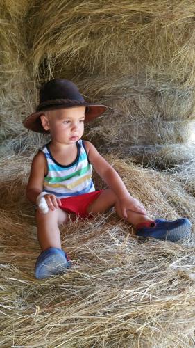 a young child wearing a hat sitting in hay at Pension Konírna in Huntířov