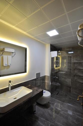 a bathroom with a toilet and a sink and a shower at Double Comfort Hotel in Ankara