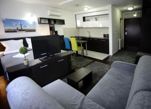 a living room with a couch and a flat screen tv at A blok apartments A1 in Belgrade