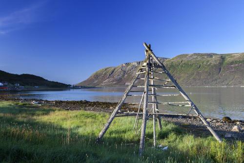 a wooden structure in the grass next to a body of water at Hansnes Havfiske in Hansnes