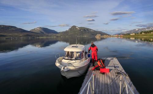 a person standing on a boat on a dock at Hansnes Havfiske in Hansnes
