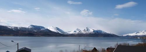 a large body of water with snow covered mountains at Hansnes Havfiske in Hansnes