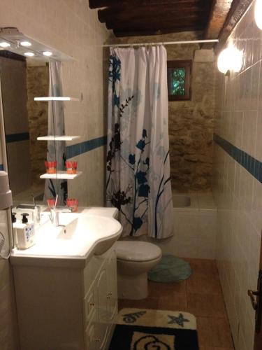 une salle de bain avec un lavabo, des toilettes et une douche dans l'établissement Moulin de Moulignon B&B, à Messy