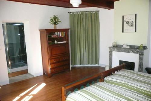 1 dormitorio con cama, chimenea y cortina verde en Domaine Serrot en Saint-Élix-Theux
