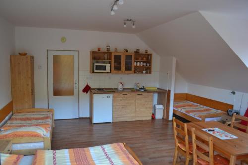 a room with a kitchen and a table with chairs at Orbit Karlov pod Pradědem in Malá Morávka