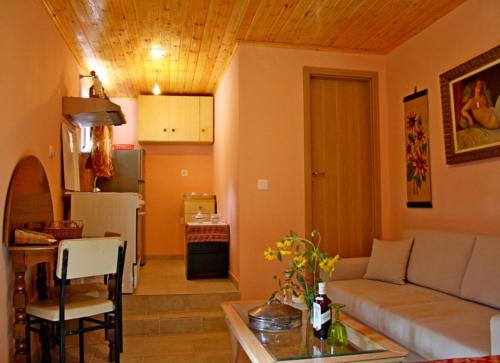 Ágios MatthaíosにあるSTONE House PLATONのリビングルーム(ソファ、テーブル付)、キッチンが備わります。