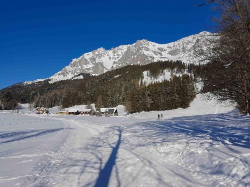 a snow covered mountain in the distance with a ski slope at Appartementhaus Sonne in Ramsau am Dachstein