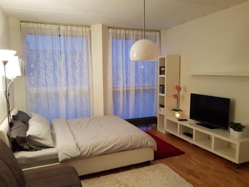 a living room with a bed and a television at Rotermanni Guest Apartments in Tallinn