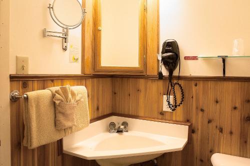 a bathroom with a sink and a mirror and a phone at Peninsula Park-View Resort in Fish Creek