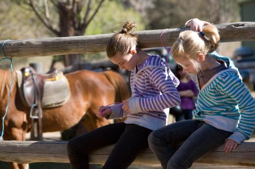 two girls sitting on a fence looking at a horse at Turon Gates - Mountain Retreat in Capertee