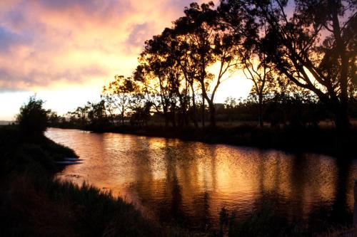 a river with trees and the sunset in the background at Villaggio Camping Uria in Foce Varano