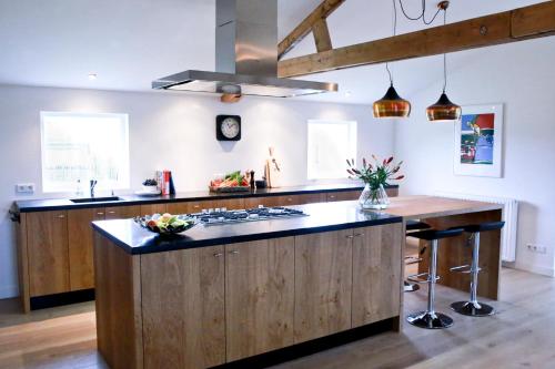 a kitchen with a large island with a counter top at Residentie De Hoek in Den Dungen