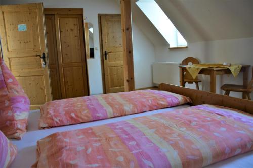two beds in a room with a attic at Weingut Seiner vlg. Kraxner in Greisdorf