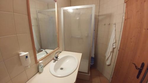 bagno con lavandino e doccia con specchio di Haus Herrensee Litschau a Litschau