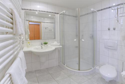 a bathroom with a shower and a sink and a toilet at Landhotel Zur Eiche in Buxtehude