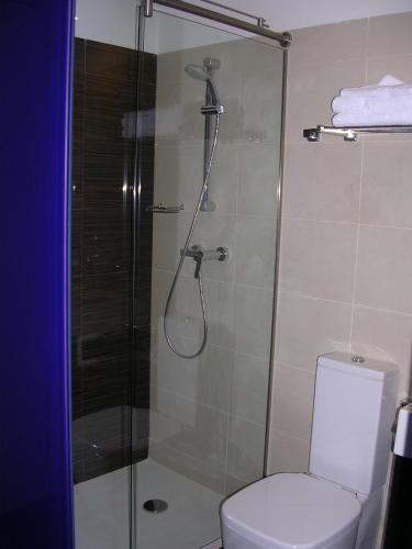 a shower with a glass door next to a toilet at El Globo in Valencia