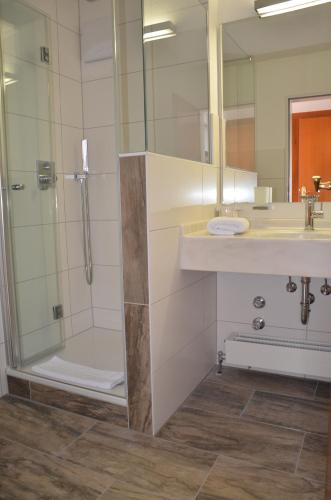 ein Bad mit einer Dusche, einem Waschbecken und einem Spiegel in der Unterkunft Hotel Garni Reulein in Lindau