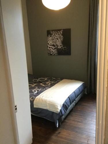 蘇瓦松的住宿－Résidence Champs Bouillant，卧室配有一张床,墙上挂有绘画作品