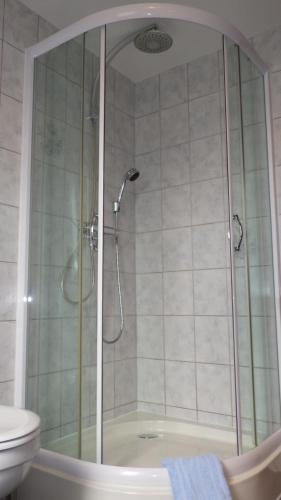 a bathroom with a shower and a toilet at Ferienwohnung Am Hegebusch in Altendorf
