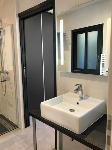 a bathroom with a white sink and a shower at Les studios du Centre in La Teste-de-Buch