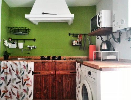 a kitchen with green walls and a washing machine at Nido Menas in Torrejón el Rubio