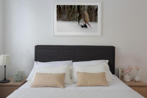 ein Schlafzimmer mit einem schwarzen und weißen Bett mit zwei Kissen in der Unterkunft Premium Class Apartments II in Zagreb