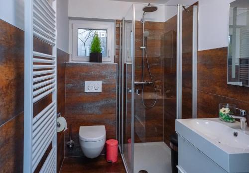 La salle de bains est pourvue d'une douche, de toilettes et d'un lavabo. dans l'établissement Ferienwohnung Jolene, à Weil am Rhein