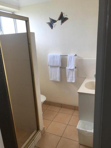 a bathroom with a toilet, sink and shower stall at Nanango Star Motel in Nanango