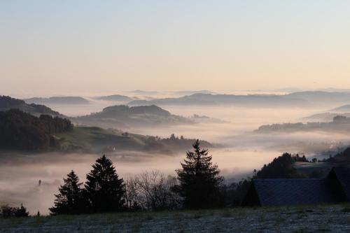 a view of a foggy valley with trees and clouds at Hotel Hulfteggpass in Mühlrüti