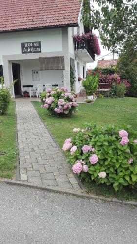 a house with pink flowers in front of a building at Guest House Adrijana in Seliste Dreznicko