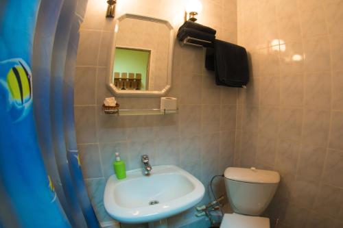 a bathroom with a sink and a toilet and a mirror at Elektron Hotel in Novosibirsk