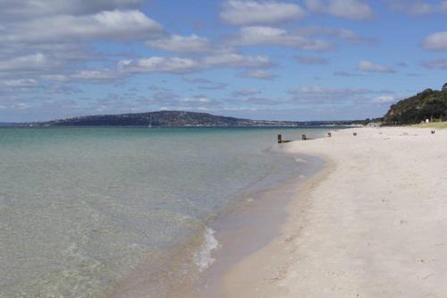a beach with the ocean and a mountain in the background at Port McCrae in McCrae