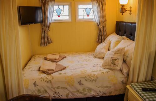 een kleine slaapkamer met een bed en een tv. bij Shrublands Farm Shepherd's Hut in Sidestrand