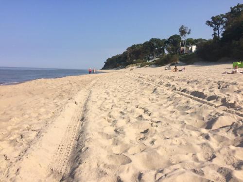 a sandy beach with footprints in the sand at Sea Life Apartment in Rewal