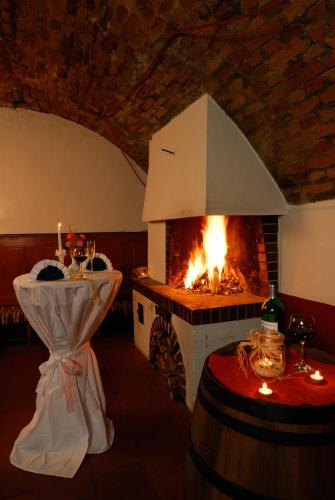 a pizza oven in a room with a fireplace at Gasthof Zum Ott in Staudach-Egerndach