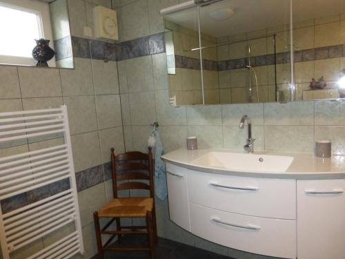 uma casa de banho com um lavatório, um espelho e uma cadeira em de zanderij em 's-Graveland