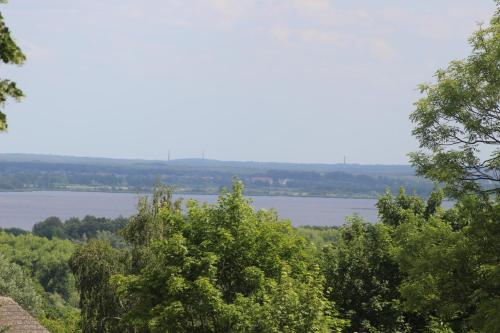 a view of the water from a hill with trees at Dom św. Józefa in Szczecin