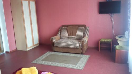 キスロヴォツクにあるGuest house U Laryのピンクの壁のリビングルーム(椅子付)
