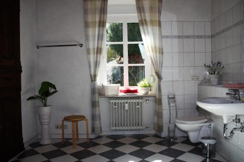 a bathroom with a sink and a toilet and a window at Weingut Koch in Neumagen-Dhron