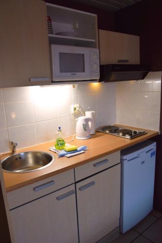 a small kitchen with a sink and a microwave at Condo Gardens Antwerp in Antwerp