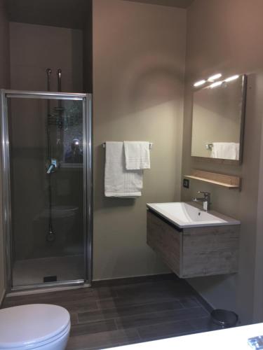 a bathroom with a shower and a sink and a toilet at B&B Le Farfalle in Onno