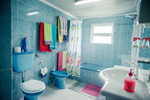 a blue tiled bathroom with a toilet and a sink at Casa das Almas in Santo Espírito