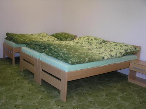 a bedroom with two beds with green comforter at Penzion U Tomášů in Wschechowitz