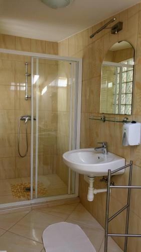 a bathroom with a sink and a shower at Bundics Vendégházak in Lenti