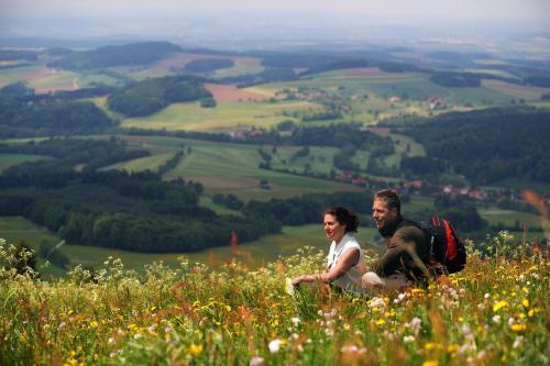 a couple sitting on top of a hill with flowers at Landhaushotel Hof Wasserkuppe in Poppenhausen